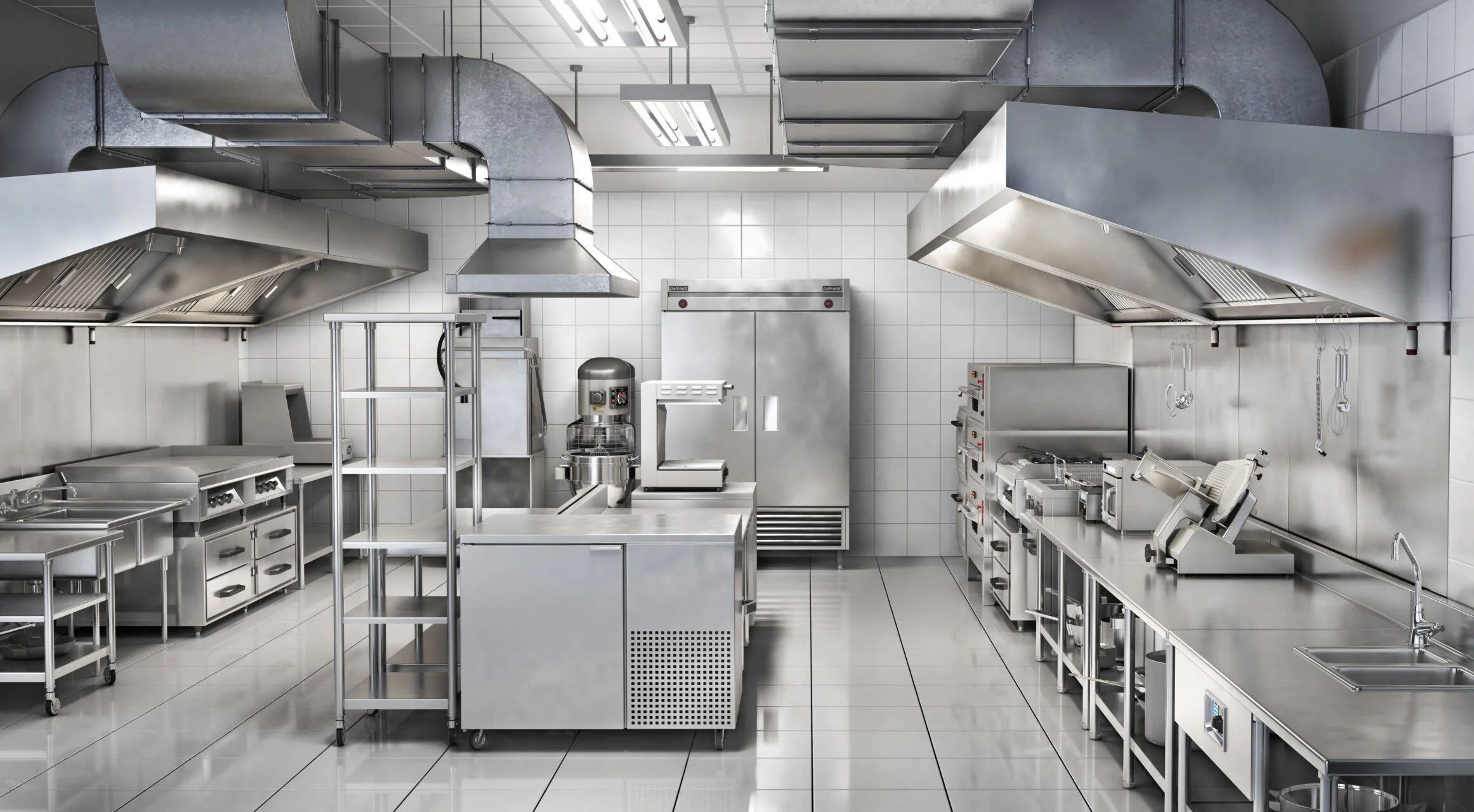 Stainless steel commercial kitchen with exhaust hood and cooking line
