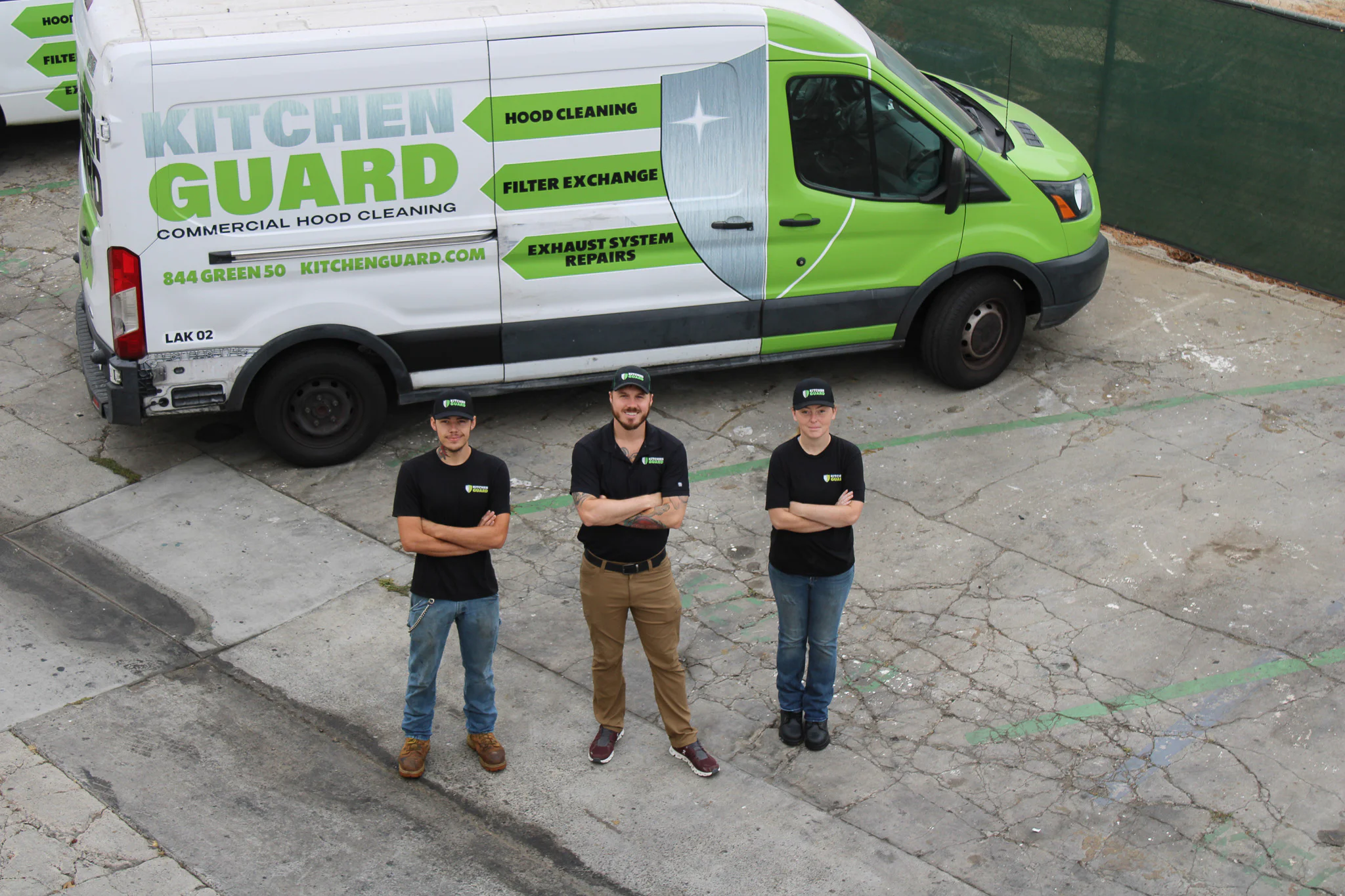 Kitchen Guard service van and technicians on a commercial kitchen job in Northeast Georgia