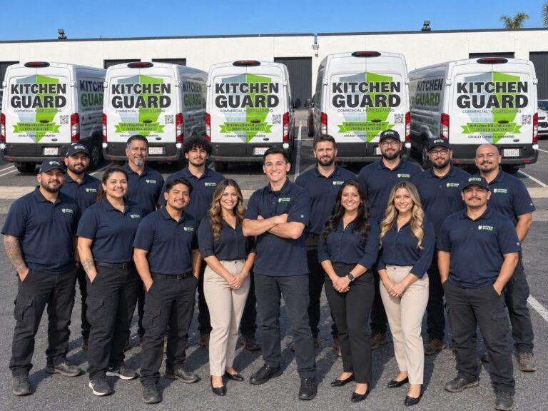 The Kitchen Guard of Orange County crew in front of their commercial hood cleaning vans