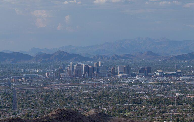 Downtown Phoenix, Arizona skyline seen from South Mountain