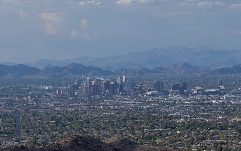 Downtown Phoenix, Arizona skyline seen from South Mountain