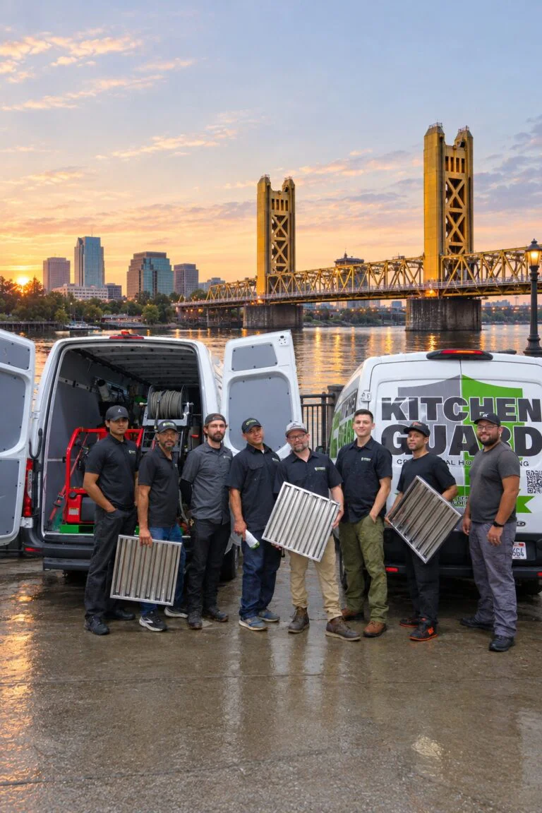 Kitchen Guard of Sacramento technicians with hood filters and service vans in front of the Tower Bridge in Sacramento, CA