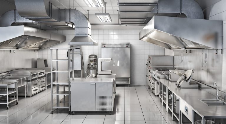 wide shot of commercial clean kitchen