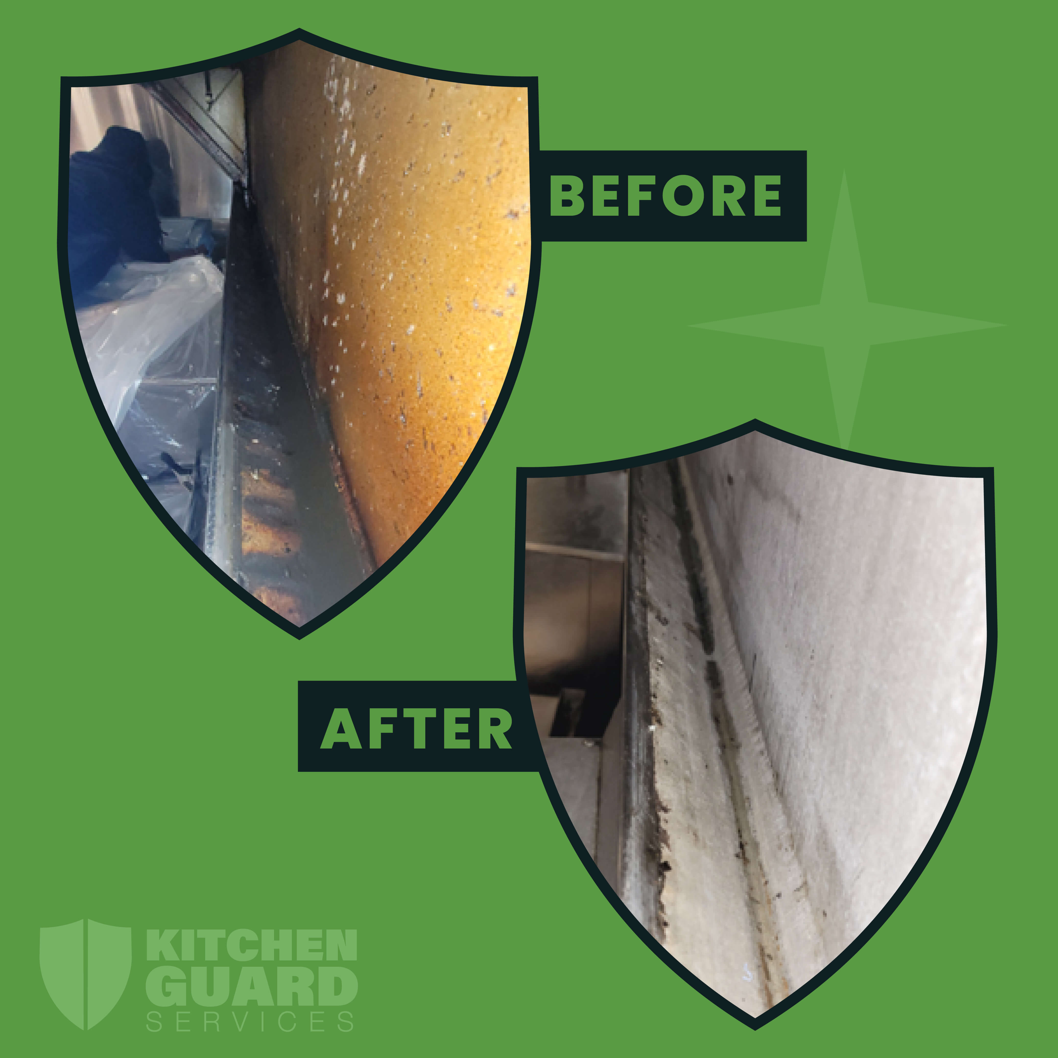 image of before and after of a dirty kitchen exhaust vs a clean kitchen exhaust on green frame