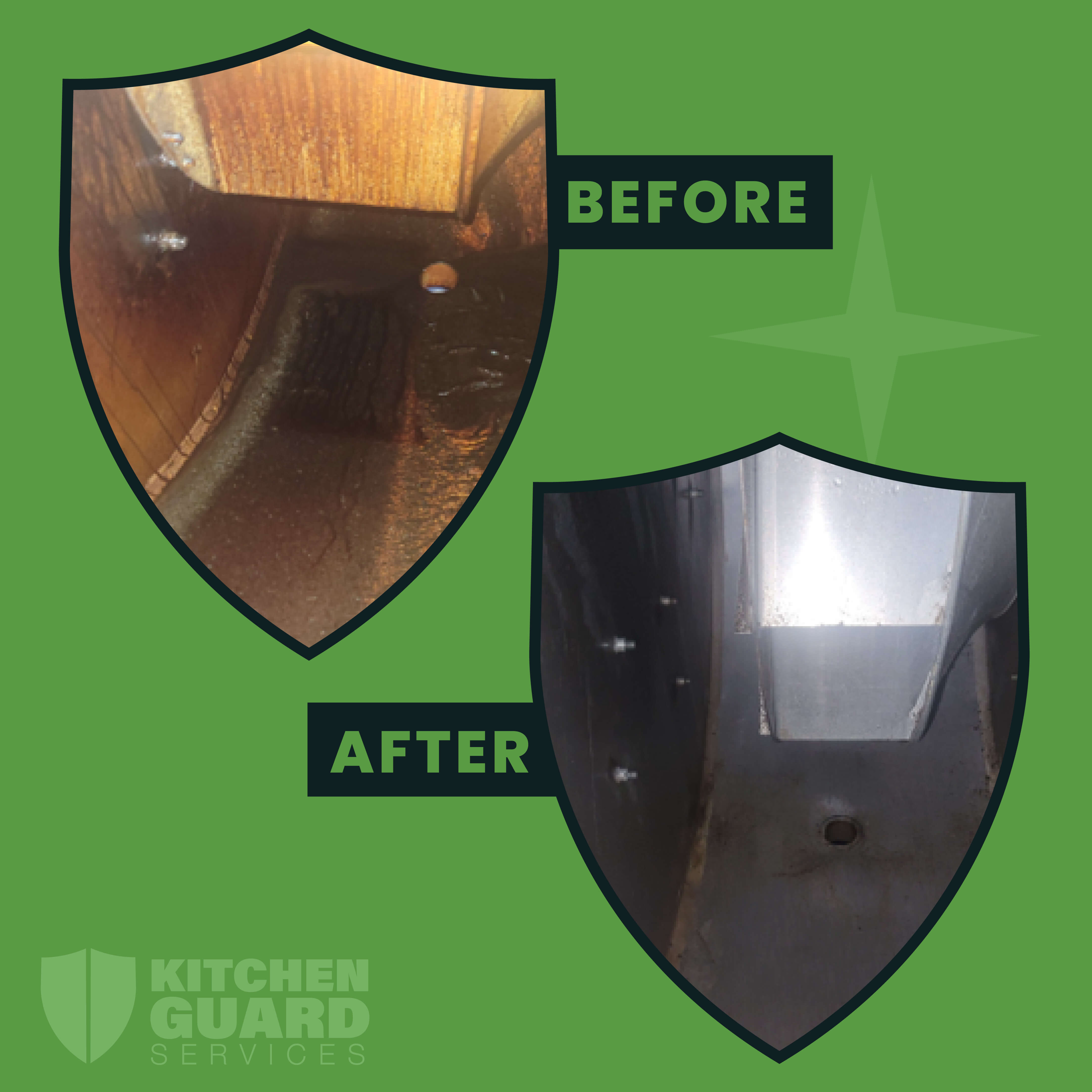 image of before and after of a dirty kitchen exhaust vs a clean kitchen exhaust on green frame